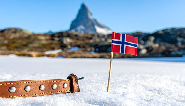 Mountain shaped like corpsepaint head with sharp studded leather strap and tiny norwegian flag in snow minimalist cold cinematic landscape generative AI