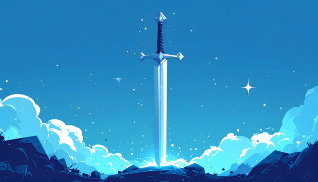 Silver sword illustration pointing upward with white sparkle on blue background capturing the epic heroic storytelling of power metal music generative AI