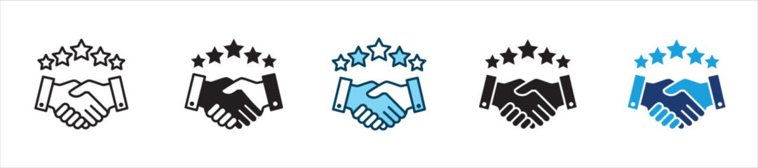 Fototapeta premium Handshake with 5 stars icon. Icon symbol usable for: satisfaction, customer review, five stars, positive feedback, partnership, trust, approval, service quality, agreement. Vector illustration