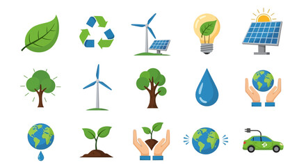 Collection of environmental and eco-friendly icons representing sustainability and green energy. © Mur