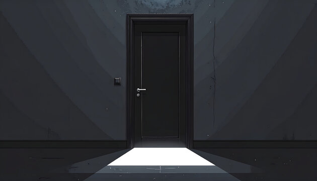 Black door with a sliver of blinding white light underneath on a dark grey wall symbolizing anticipation and loud music generative AI