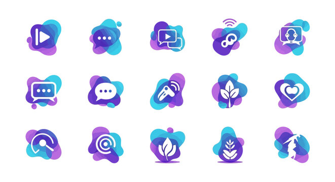 Collection of modern abstract icons on blue and purple liquid gradient shapes