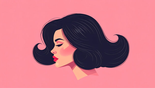 Stylized rockabilly hairstyle as a black sweeping wave on pink background symbolizing rebellious fashion and the birth of rock and generative AI