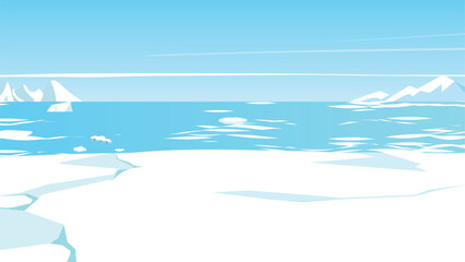 Cartoon-style Arctic scene with floating icebergs and a frozen, icy-blue ocean, illustrated in a clean vector style. © Tanjida