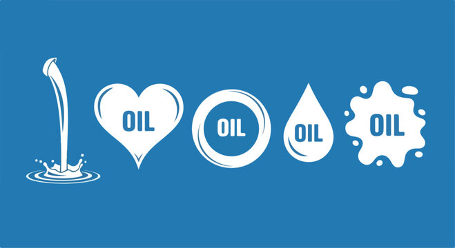White oil industry icons set, liquid splash and drop symbols, flat vector oil heart and circle labels on blue background, industrial fuel signs
