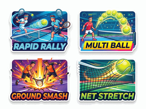 Extreme Tennis Rally Cartoon Sticker Set Fast Ball Motion Multiple Effect Player Smash Net Stretch Action Sport Dynamic Illustration Collection High Energy Scene