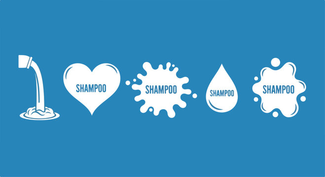 Shampoo icon set with soap bubbles and liquid splashes, white cosmetic product symbols on blue background, hair care and hygiene vector illustrations