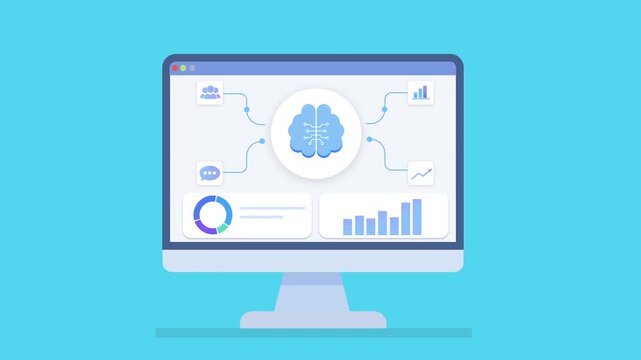 Minimal animation of a desktop monitor displaying AI data dashboard with connected analytics workflow, nodes, and charts, representing machine learning and digital systems.