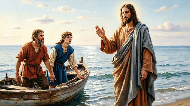 Elegant biblical view of Jesus calling Simon and Andrew from fishing nets.