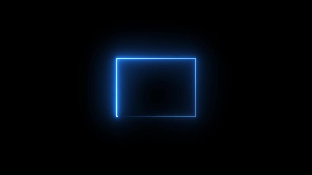 Glowing blue neon rectangle frame pulsing with light on black background abstract digital animation futuristic technology concept