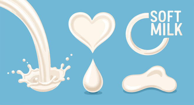 Soft milk splash vector collection, creamy white liquid heart and drop elements, realistic dairy pouring stream with splashes on blue background