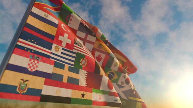 All Nations Football Flags Combined Waving Background
