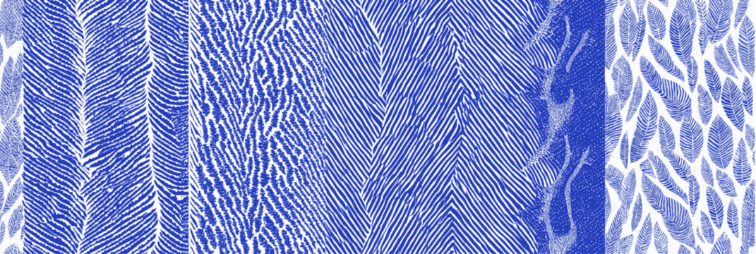 Repeating blue palm leaves with white lines creating a seamless organic pattern. Abstract palm leaf pattern drawing inspired by Suri art