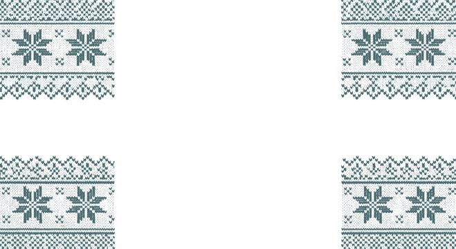 Decorative border design featuring a traditional blue and white knitted winter pattern with snowflakes and various geometric folk motifs.