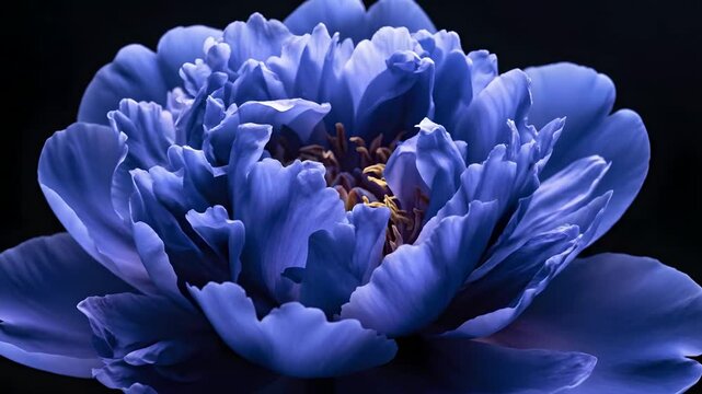 Peon&iacute;a azul floreciendo en lapso de tiempo sobre fondo negro, elegancia floral para videos del D&iacute;a de la Madre, belleza bot&aacute;nica y crecimiento art&iacute;stico en primer plano macro.