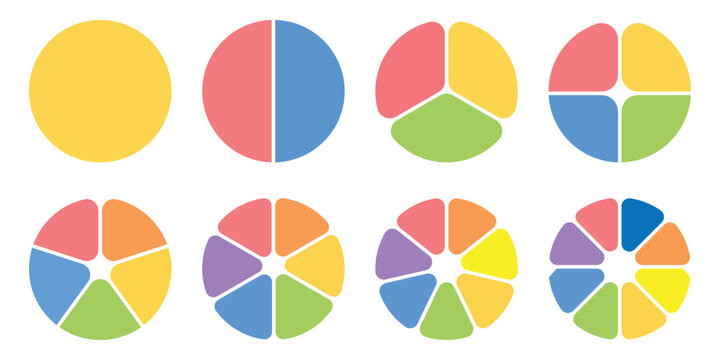 Donut charts, pies segmented on equal parts. Diagram infographic colored set. Circle section graph. Wheels divided in sections. Pie chart round icons. Loading bar layout icon set. Eps 10.