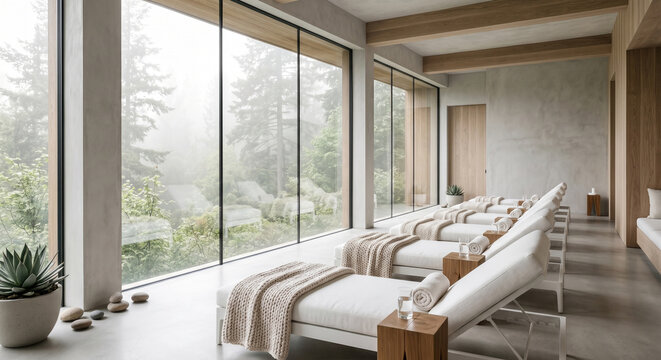 Row of white lounge chairs in a spa room with foggy forest view