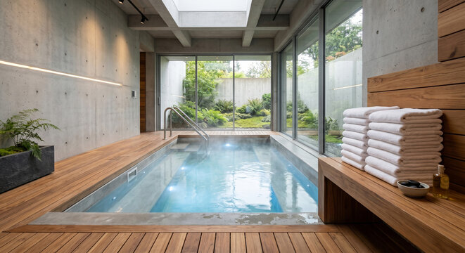 Indoor spa pool with wooden deck and view of a lush green garden