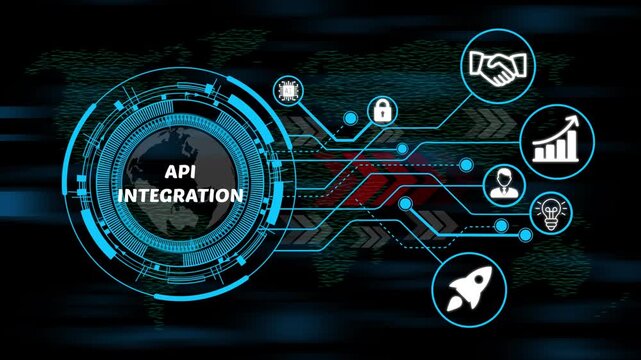API integration digital ecosystem concept with smart technology, business icons and high-speed data network. 4k video animation on world map background. 