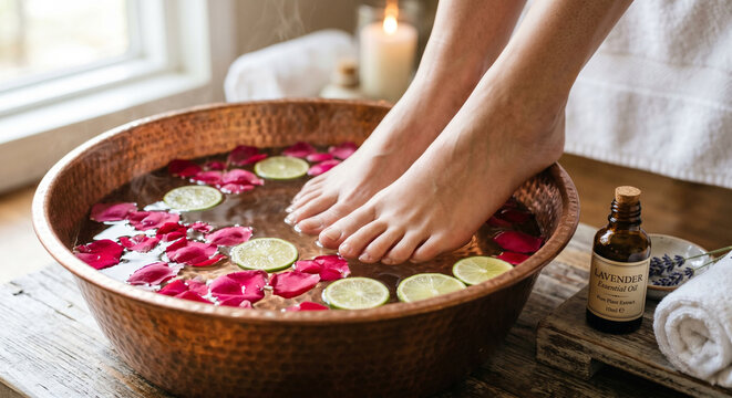 Woman soaking feet in a copper bowl with rose petals and lime