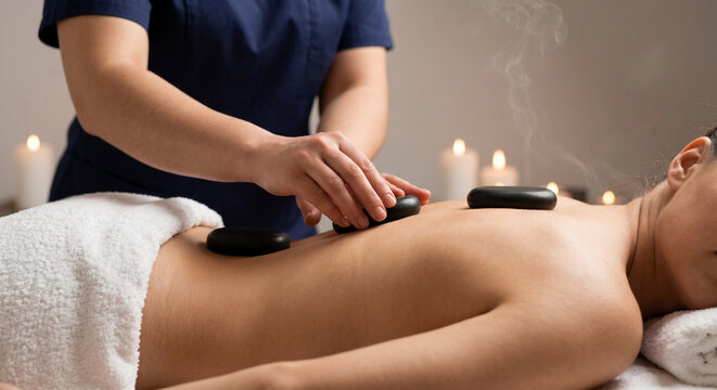 Therapist placing hot stones on woman back during spa treatment