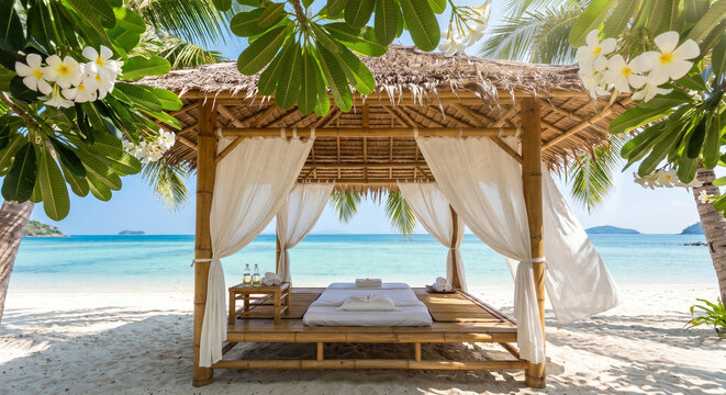Bamboo massage pavilion on a tropical beach with ocean view