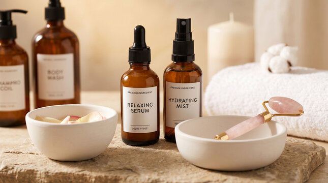 Amber glass cosmetic bottles and face roller on stone surface