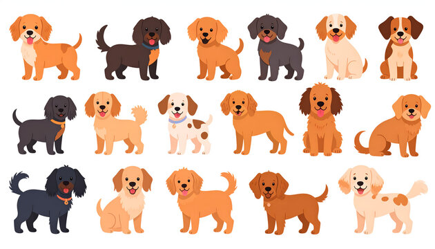 Set of cute dogs in flat style featuring various playful canine characters designed for children books and creative nursery decor generative AI