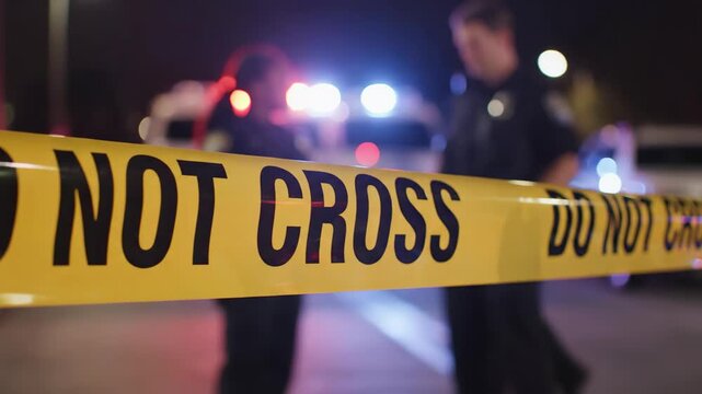 Night Crime Scene with Police Officers and Flashing Lights Tape