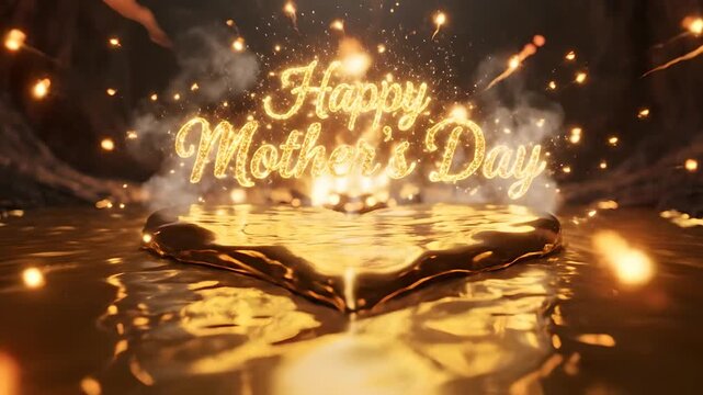 Texto brillante de Feliz D&iacute;a de la Madre sobre un coraz&oacute;n de oro l&iacute;quido en una cueva m&aacute;gica con chispas de luz, perfecto para saludos premium, redes sociales y publicidad de lujo.
