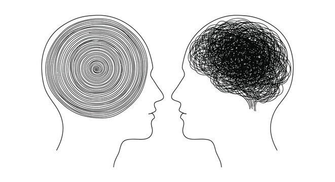 Two silhouetted profiles face each other depicting contrasting mental states with intricate line work