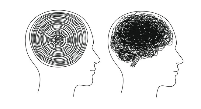 Two side profile heads display contrasting internal thought patterns one organized the other chaotic