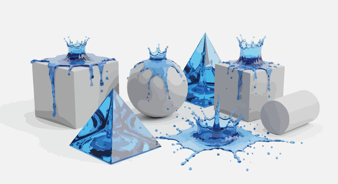Abstract blue water splashes on geometric 3D shapes, liquid crown ripples on white cubes and spheres, creative fluid dynamics and physics concept