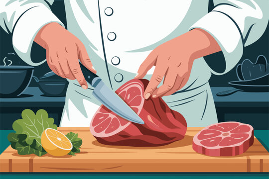 Master Chef Concept Professional Cook Slicing Raw Meat on Wooden Board Vector Illustration