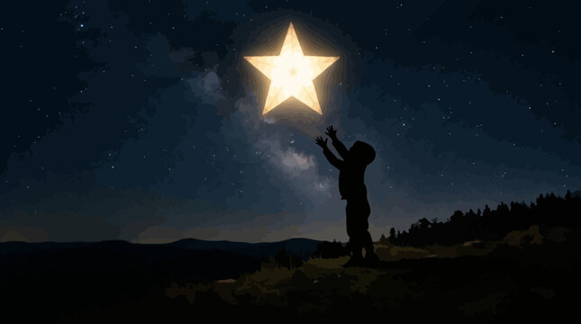 Child reaching for glowing star under starry night sky with milky way hopeful and dreamy scene
