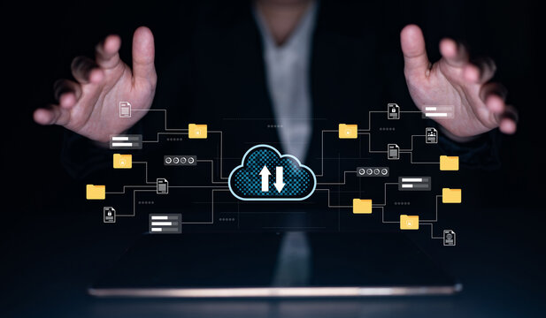 Abstract cloud computing visualization with hands showcasing data transfer and network connectivity. Emphasizes modern technology use in dynamic business environments. Gantry