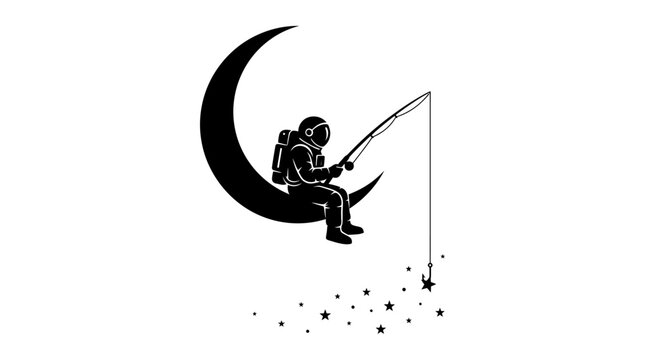 Astronaut sitting on crescent moon fishing for stars with spacesuit and rod