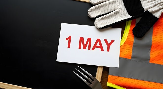 Close-up of 1 May sign with work gloves and safety vest