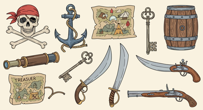 Collection of hand drawn pirate themed objects and treasure hunting elements.
