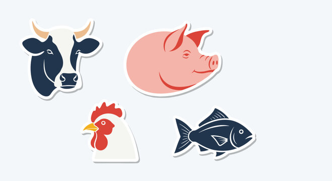 Set of farm animal head icons featuring a cow, pig, chicken, and fish represented as simple vector sticker illustrations.