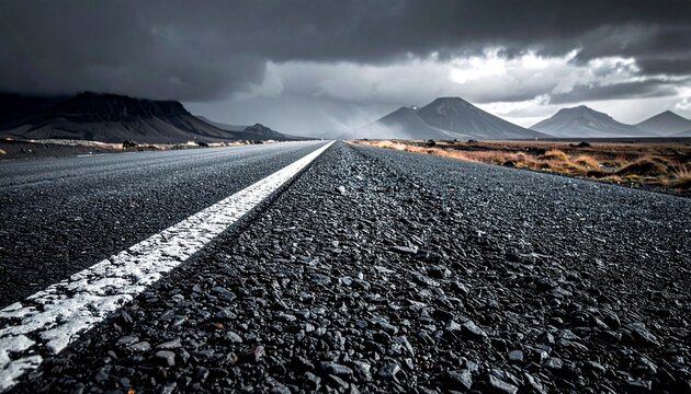 Low angle view of an empty asphalt road stretching towards majestic volcanic mountains under a dramatic dark storm sky in a desolate landscape.