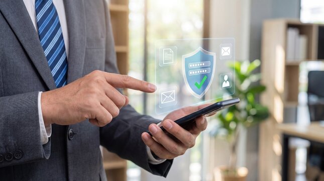 Businessman using smartphone with digital shield icon for cyber security and data protection, secure access, privacy, and password protection