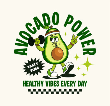 Retro avocado mascot character lifting a dumbbell with Avocado Power slogan. Vintage 70s style vector for gym branding, fitness apparel, and healthy lifestyle posters