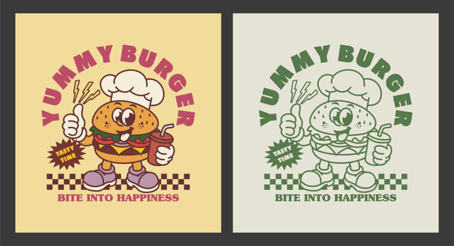 Retro cartoon poster burger character vector with chef hat and soda. Yummy Burger slogan typography. Ideal for vintage fast food branding and t-shirt design