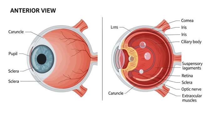 Detailed Anterior and Cross-Sectional Views of Human Eye Anatomy.