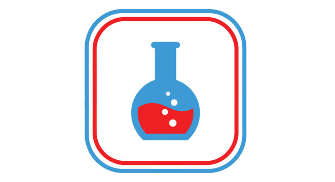 A stylized blue flask containing red liquid is centered within a rounded square frame with blue and red borders