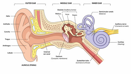 Detailed Diagram of Human Ear Anatomy - Outer, Middle, and Inner Ear Structures. © faizz