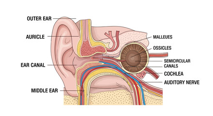 Detailed Diagram of Human Ear Anatomy with Labeled Parts. © faizz