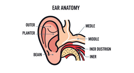 Detailed Diagram of Human Ear Anatomy with Labeled Sections. © faizz