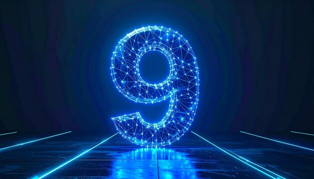Abstract digital representation of the number nine glowing in blue neon lines and connected dots on a dark tech background stage.